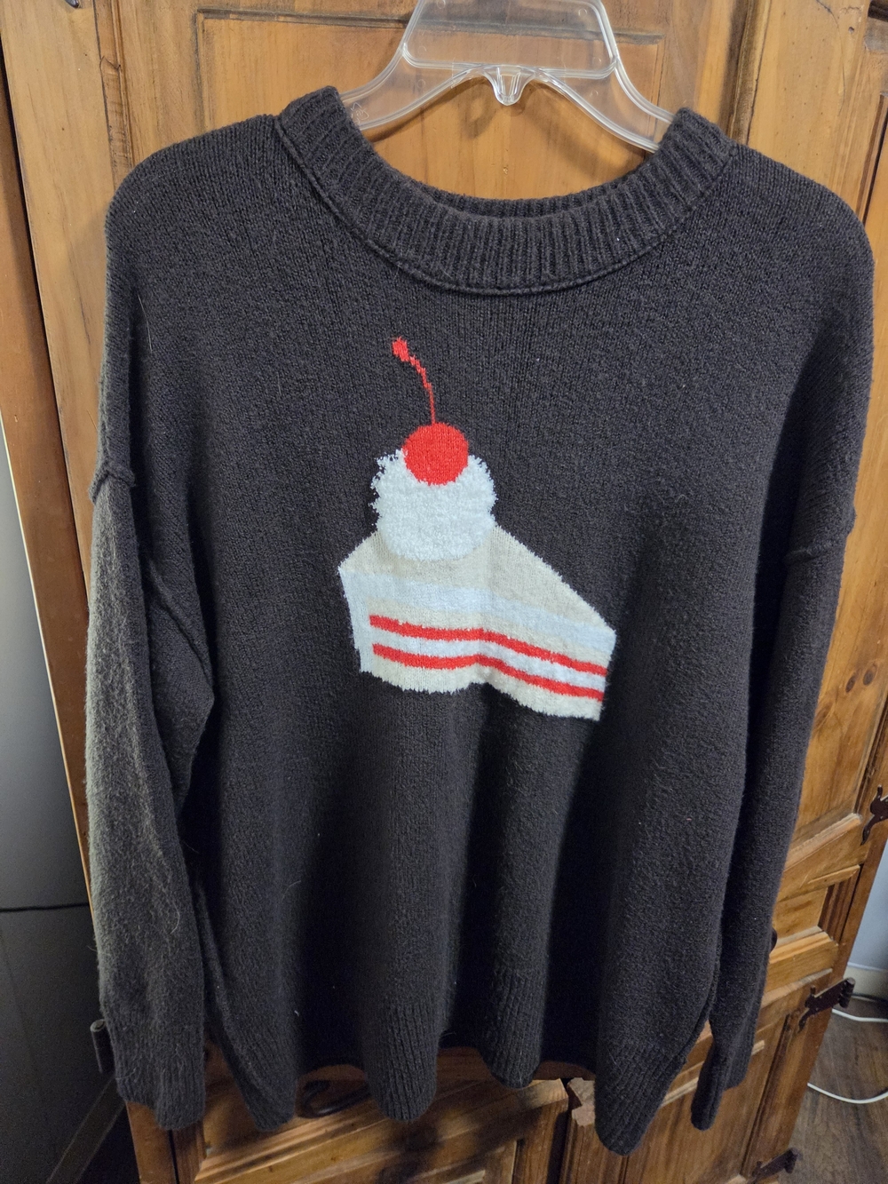 Aerie Black Crewneck Sweater with Cake Slice and Cherry Graphic Size Small